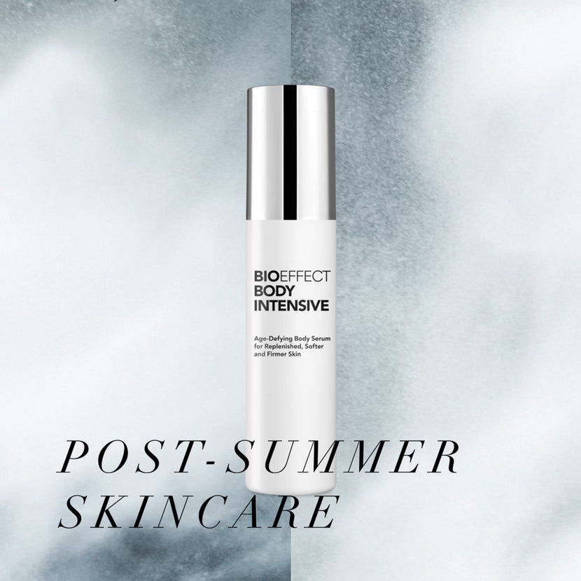 BIOEFFECT Body Intensive Body Serum on grey background with the text “Post-Summer Skincare”