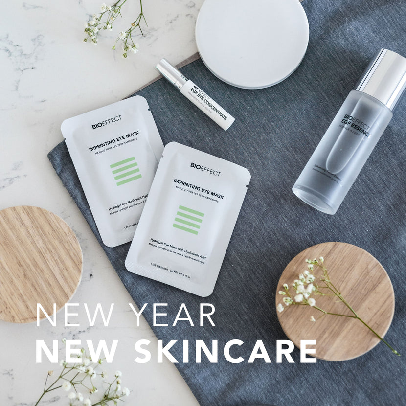 BIOEFFECT EGF skincare products laid on a table with the text “New Year New Skincare”