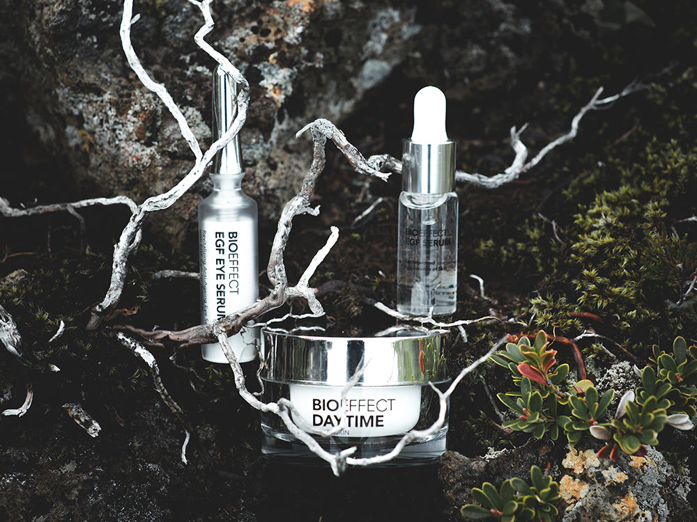 BIOEFFECT skincare products for anti-aging photographed in nature