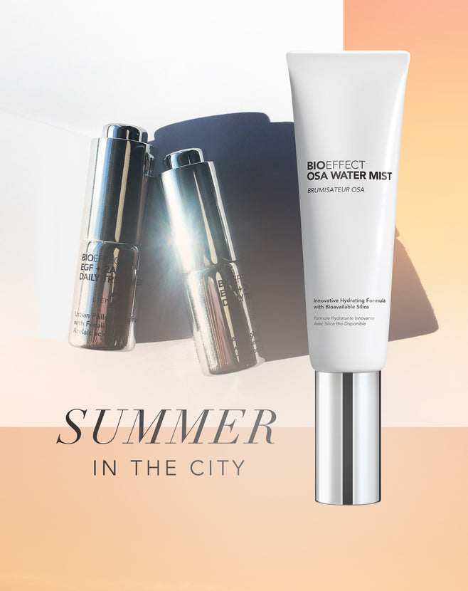 OSA Water Mist and EGF + 2A Daily Treatment Demo on a peach colored background with the text “Summer in the city”