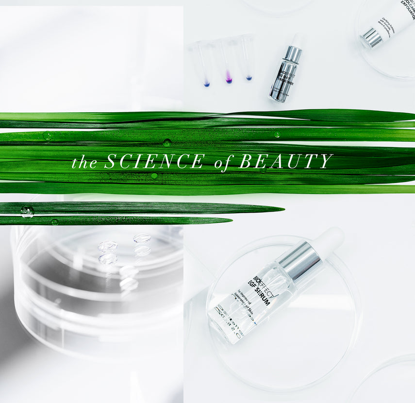 Various BIOEFFECT Epidermal Growth Factor skincare products pictured with blades of grass and the text “the SCIENCE of BEAUTY”