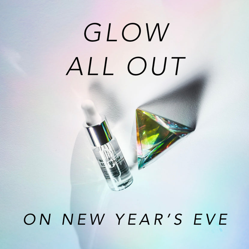 BIOEFFECT EGF Anti-Aging Serum with a glass pyramid and the text “Glow All Out on New Year’s Eve”