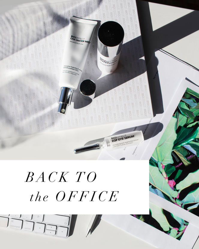 Hydrating skincare products shown with a postcard and the text “BACK TO the OFFICE”