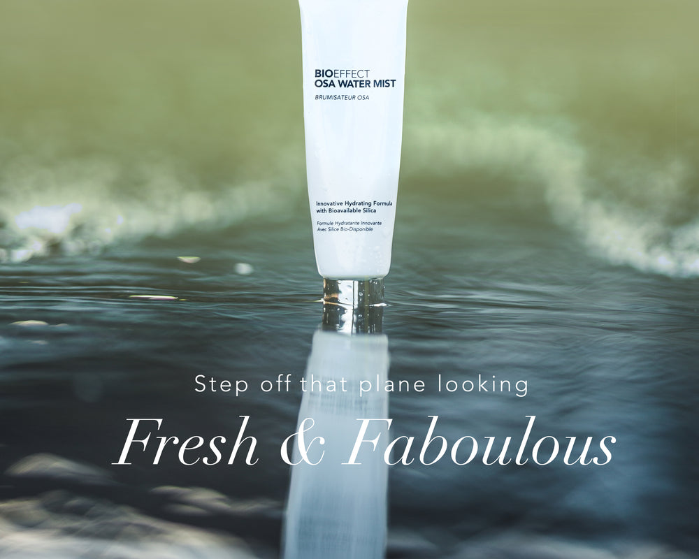 OSA Water Mist partly dipped in water with the text “Step off that plane looking Fresh & Fabulous”