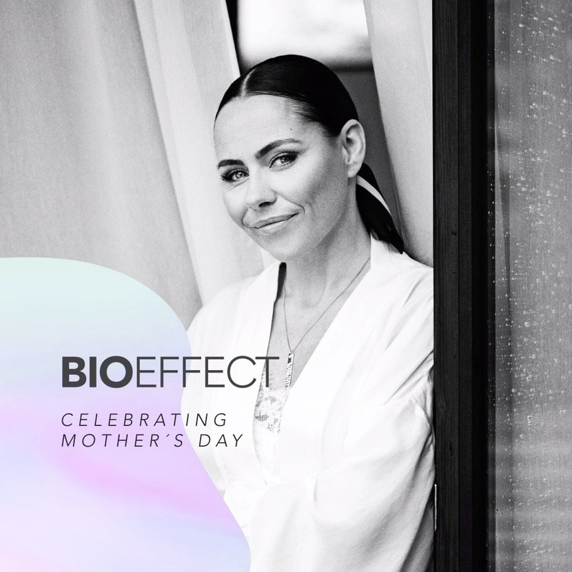 Photo of fashion designer Andrea Magnúsdóttir with the text “BIOEFFECT Celebrating Mother’s Day”