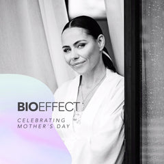 Photo of fashion designer Andrea Magnúsdóttir with the text “BIOEFFECT Celebrating Mother’s Day”