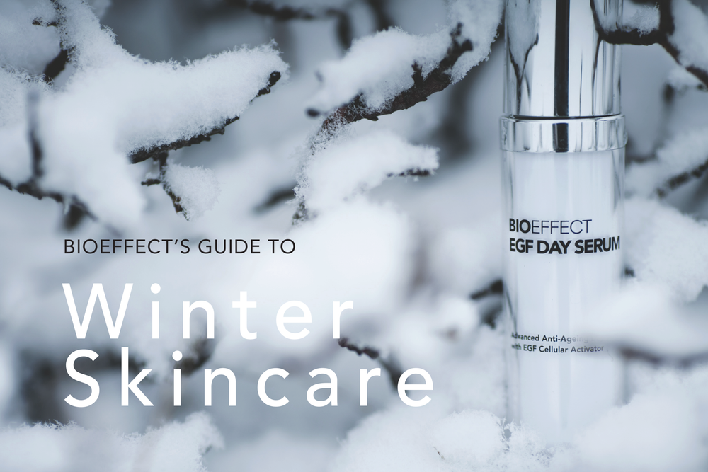BIOEFFECT EGF Daytime Face Serum in snowy tree branches with the text “BIOEFFECT’S Guide to Winter Skincare”