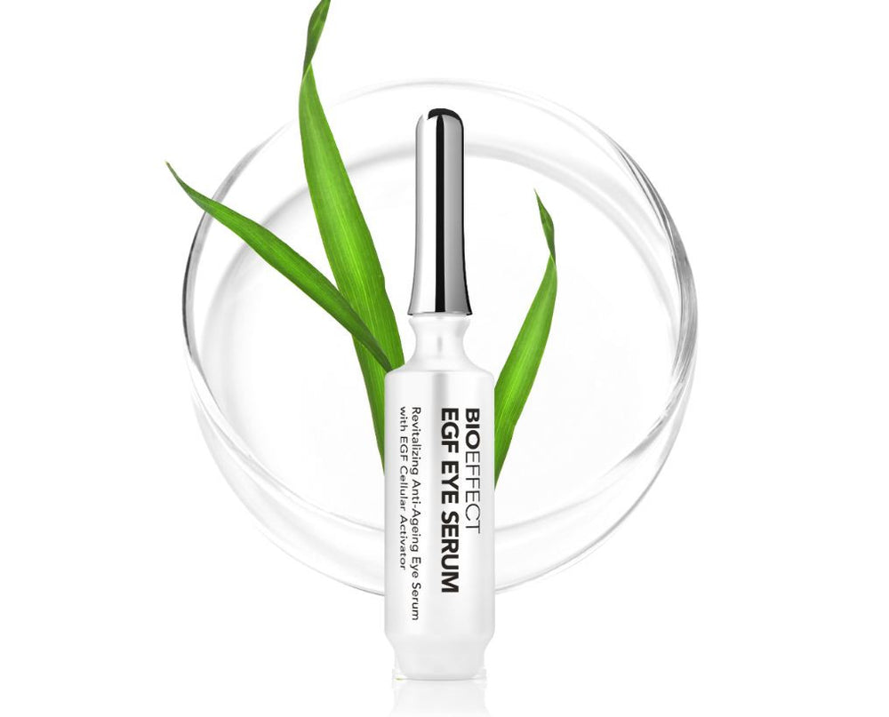 BIOEFFECT EGF Eye Serum with blades of grass and a petri dish in the background