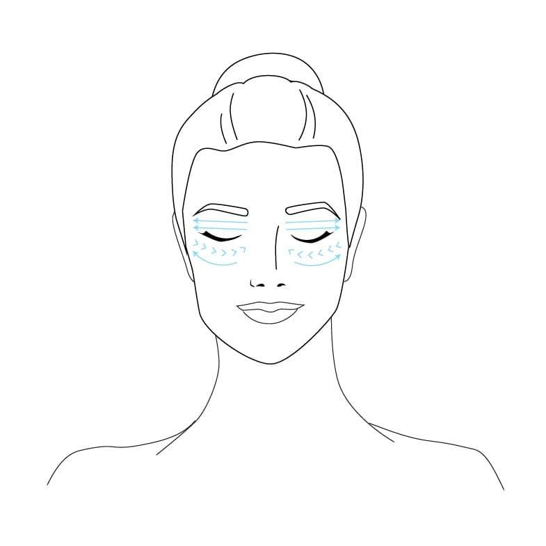 Drawing of a woman’s head, neck and shoulders. She wears her hair in a bun, and tiny blue arrows are seen under and around her closed-eyes.