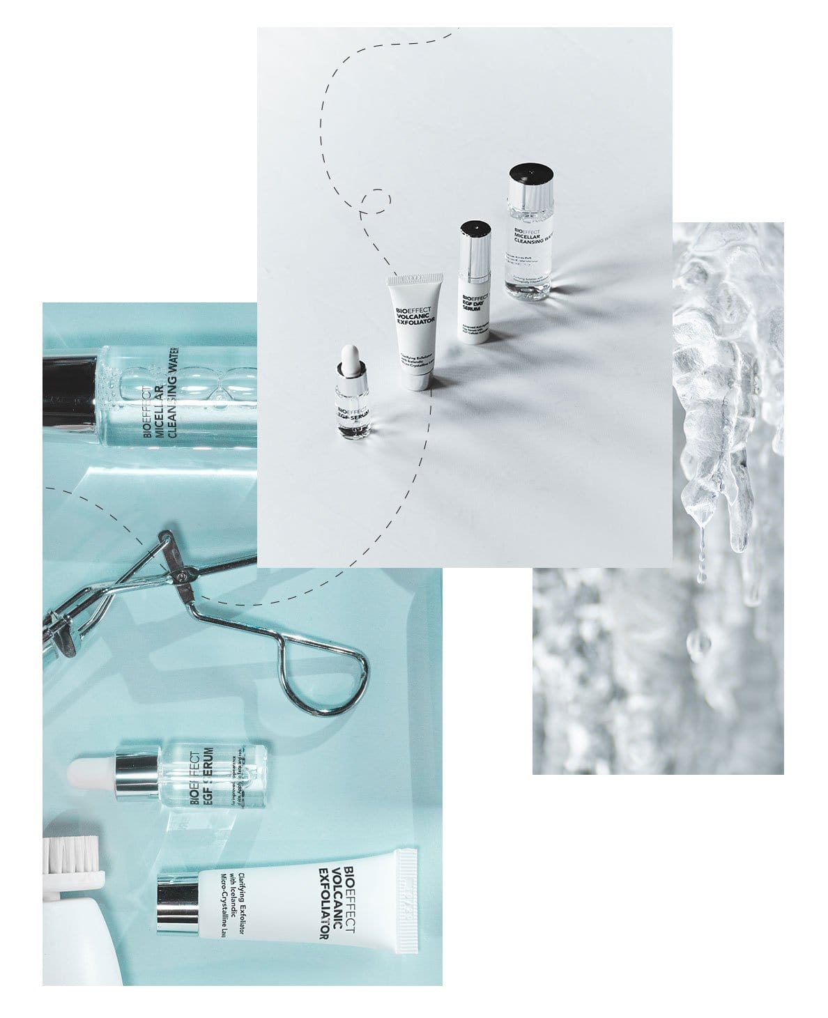 Design collage with three minimal, overlapping images of BIOEFFECT Anti-Aging Skincare products. 